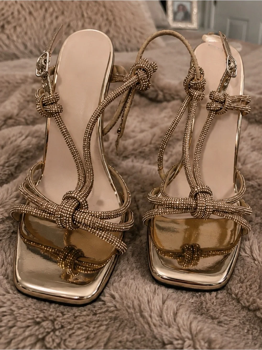 Champagne Heels Rhinestone Knot T-Strap High Heel Sandals